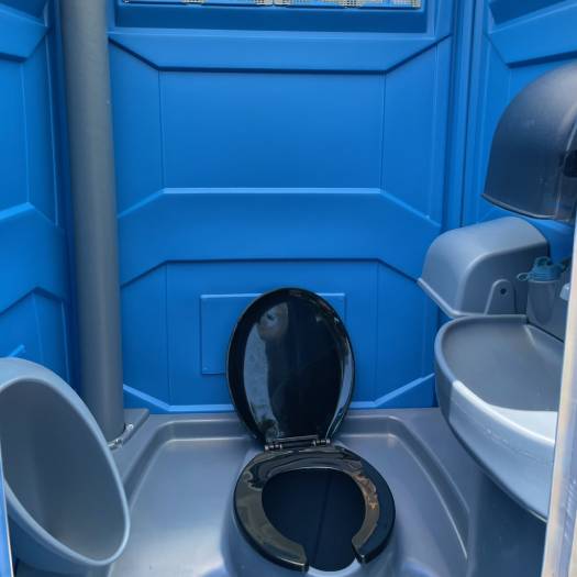 Interior of Portable Bathroom with Toilet, Urinal, and Sink